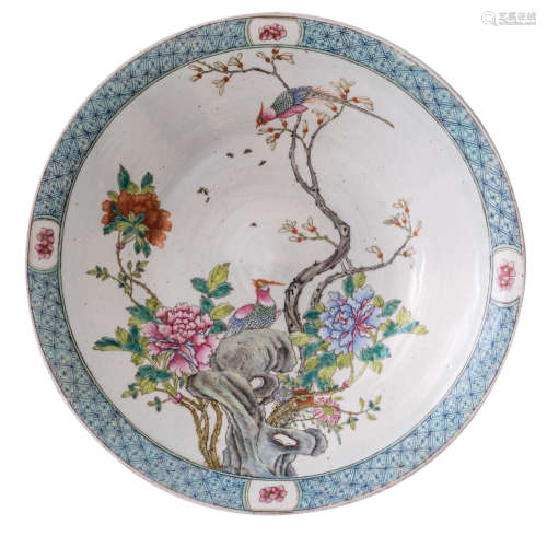 A Chinese famille rose plate, decorated with birds and flower branches, marked, H 7 - ø 40,5 cm
