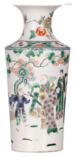 A Chinese famille verte baluster shaped vase, overall decorated with an animated scene, H 42,5 cm