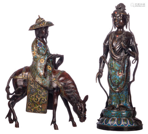 A Chinese champlevé enamel Guanyin, late 19thC; added a ditto philosopher riding on a mule, H 42,5 - 48 cm