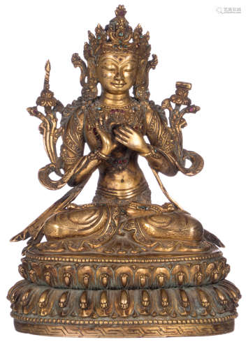 A Chinese gilt bronze tara with semi-precious stone inlay, H 21,5 cm