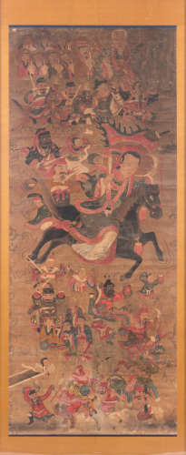 A Chinese scroll, framed, silk mount, depicting Buddhist and Taoist symbolism and demonology, 17thC, ink and colour on paper, 69 x 166 (without mount) - 78 x 188,5 cm (with mount)