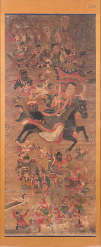 A Chinese scroll, framed, silk mount, depicting Buddhist and Taoist symbolism and demonology, 17thC, ink and colour on paper, 69 x 166 (without mount) - 78 x 188,5 cm (with mount)