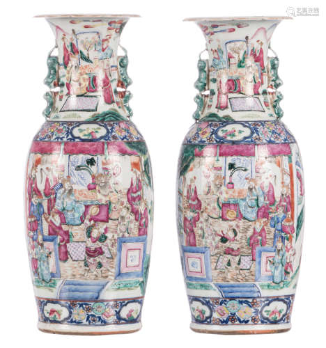 A pair of Chinese famille rose vases, overall decorated with court scenes, 19thC, H 59,5 - 60 cm