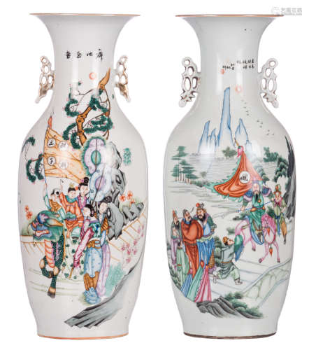 Two Chinese polychrome decorated vases with an animated scene and calligraphic texts, one vase signed, H 58 cm