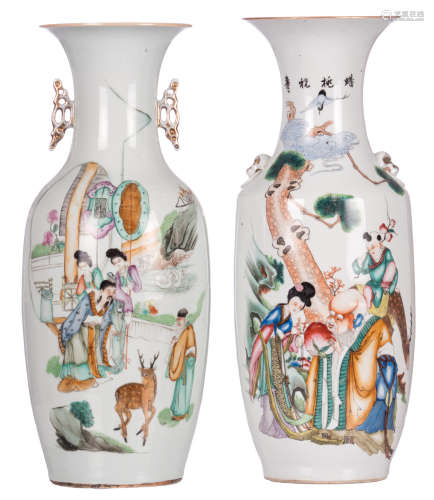 Two Chinese polychrome decorated vases with figures and a deer and calligraphic texts, H 57,5 cm