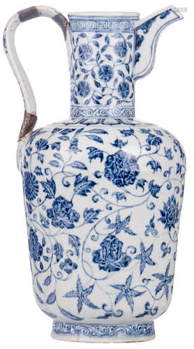 A Chinese blue and white Ming style floral decorated tankard, H 34 cm