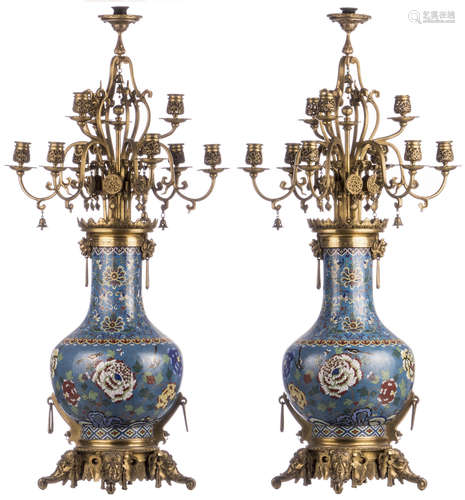 A pair of impressive Chinese cloisonné candlesticks with a gilt bronze chinoiserie mount by F. Barbedienne (marked), 19thC, H 95,5 cm