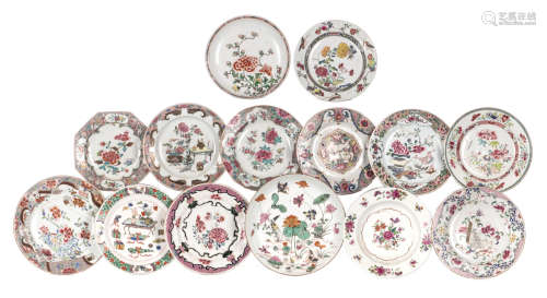 Twelve various Chinese famille rose decorated dishes (one with Hé-Hé twins, one octagonal), 18thC; added two ditto famille verte decorated dishes, ø 21 - 25,2 cm