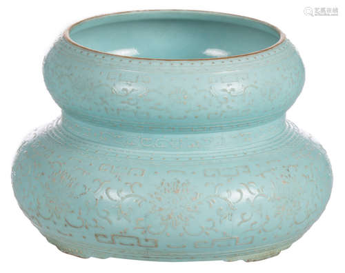 A Chinese turquoise ground double gourd water pot, floral relief decorated, marked Jiaqing, 19thC, H 12 - ø 11,5 cm