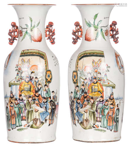 A fine pair of Chinese vases, on the frontside polychrome decorated with a courtscene, the reverse side with a peacock, flower branches and calligraphic texts, signed, 19thC, H 58 cm