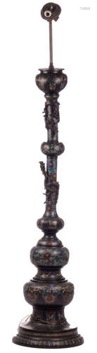 An imposing Chinese cloisonné enamel bronze incense burner on stand, dragon relief decorated, early 19thC, mounted as a lamp, H 208 - B 40 cm