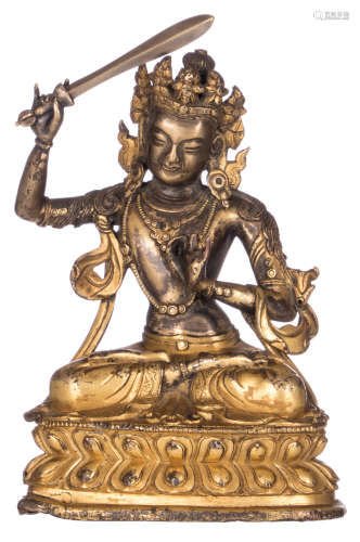 A Tibetan gilt bronze Manjushri Bodhisattva, Qianlong period, H 13,5 - W 11 cm