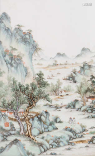 A Chinese polychrome porcelain plaque, decorated with figures in a river landscape, signed by the artist, Republic period, mounted in a wooden frame, 25 x 38 cm (without frame)