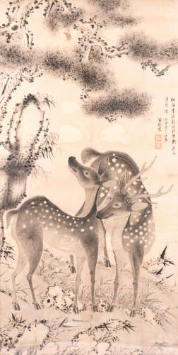 A Chinese scroll, framed, depicting two deer in a landscape, with text and seal mark, signed Ts'ai Hsi-Chiao, ink and colour on paper, 19thC, 88 x 175 cm