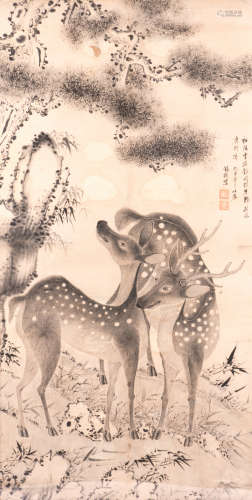 A Chinese scroll, framed, depicting two deer in a landscape, with text and seal mark, signed Ts'ai Hsi-Chiao, ink and colour on paper, 19thC, 88 x 175 cm