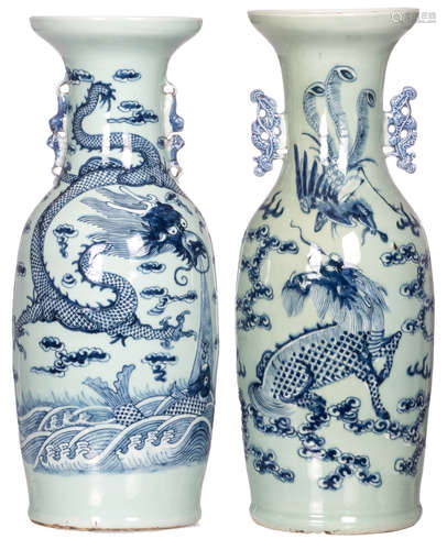 Two Chinese celadon blue and white vases, one decorated with a kylin and a phoenix and one with a dragon and a fish, H 59,5 cm