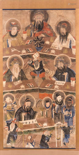 A Chinese scroll, framed, silk mount, depicting the Ten Kings of Hell, ink and colour on paper, 18thC, 76 x144 (without mount) - 84,5 x 163 cm (with mount)
