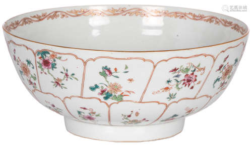 A Chinese famille rose export bowl, floral decorated, with an illegible monogram, 18thC, ø 30 cm