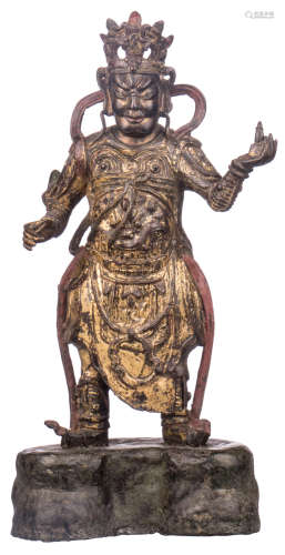 A Chinese gilt bronze figure with traces of polychrome paint depicting a deity, Ming, 17thC, H 41,5 cm