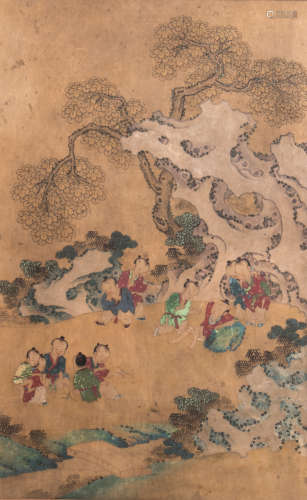A Chinese watercolour on paper, depicting children at play in a garden, 19thC, 38,5 x 60,5 cm