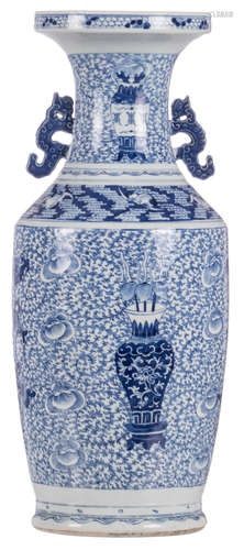 A Chinese blue and white floral decorated vase, with flower vases, bats and auspicious symbols, the handles relief decorated, H 62 cm