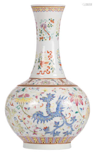 A Chinese floral decorated bottle vase with mythical birds and auspicious symbols, the bottom dragon decorated, marked Guangxu, 19thC, H 40 cm