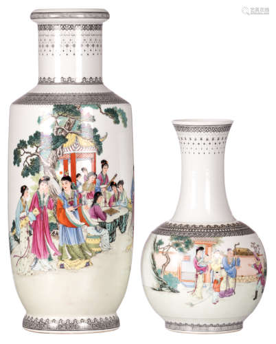 A Chinese rouleau shaped vase and a bottle vase, famille rose, decorated with an animated scene and calligraphic texts, signed and marked, H 40 - 62 cm