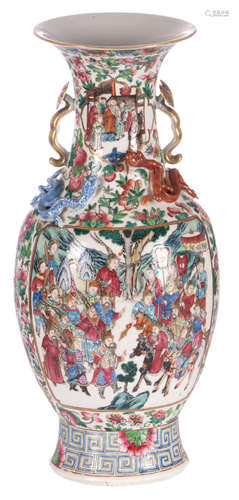 A Chinese famille rose baluster shaped vase, floral decorated, the roundels with warrior scenes, the handles ruyi shaped with dragon relief decoration, 19thC, H 58,5 cm