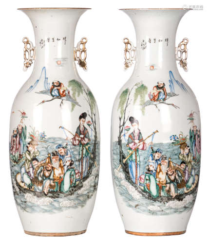 A pair of Chinese polychrome decorated vases with the Eight Immortals and calligraphic texts, 19thC, H 58,5 cm