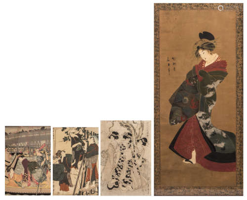 A lot of five Japanese ukiyo-é depicting scenes out of daily life of the courtesans and scenes of the kabuki theatre, Edo and Meiji period, size oban (+- 37,5 x 24,5 cm); added a Japanese gouache depicting a courtesan, Meiji period, 37,5 x 88 cm