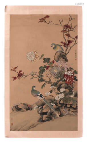 A Chinese watercolour depicting birds in a flowered environment, 66,5 x 114 - 77 x 130 cm (with mount)
