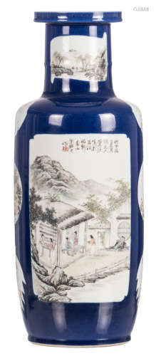 A Chinese famille rose bleu poudré rouleau shaped vase, the roundels decorated with figures in a landscape, signed, H 48 cm