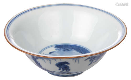 A Chinese blue and white decorated bowl with horses in a landscape, with a Jiajing mark, H 6,5 - ø 17 cm