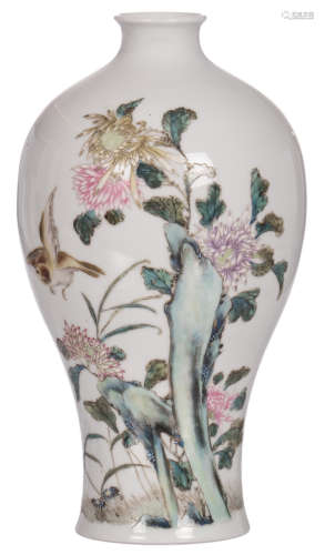 A Chinese famille rose meiping vase, decorated with flower branches and a bird, H 30 cm