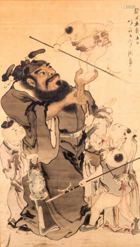 A fine Chinese watercolour depicting an animated scene, signed 