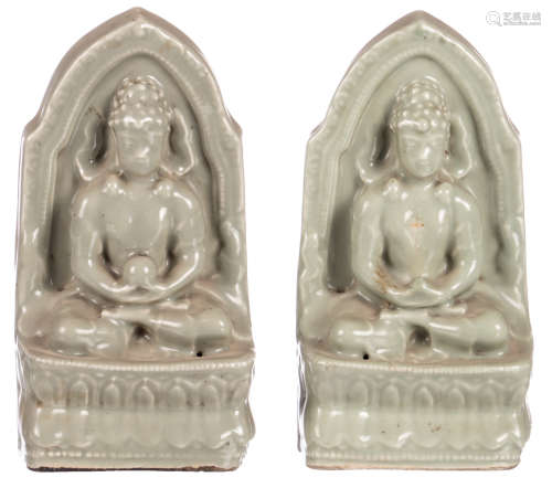 Two Chinese celadon Buddhas, with a Qianlong mark, H 22 cm