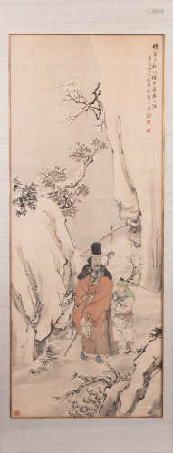A Chinese scroll, framed, depicting a sage and his pupil in a mountainous landscape, signed Li Nuen, with text and seal mark, ink and colour on paper, 19thC, 59 x 149 cm
