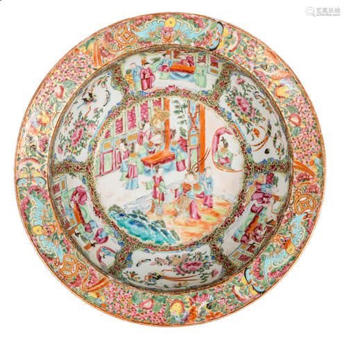 A Chinese Canton bowl, central and in the three alternating roundels decorated with court scenes, the other roundels decorated with fauna and flora, H 12,3 - ø 40 cm