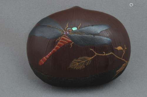 Carved wooden Netsuke. Japan. 19th C, Dragonfly.