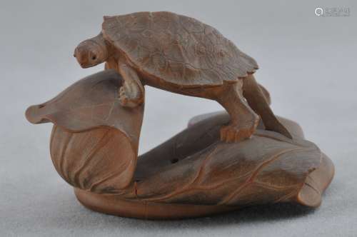 Carved wooden Netuske. Japan. 19th C. Turtle on Lotus.