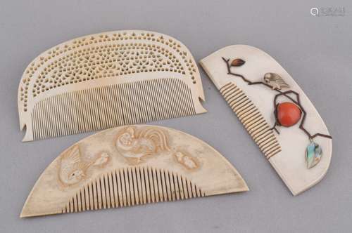 3 Ivory combs. Japan. 19th c. Inlaid.