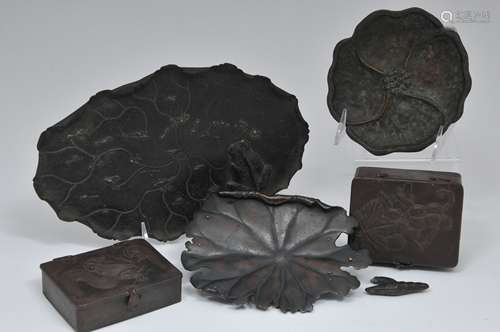 Lot of five assorted metal works. Japan. Meiji period.