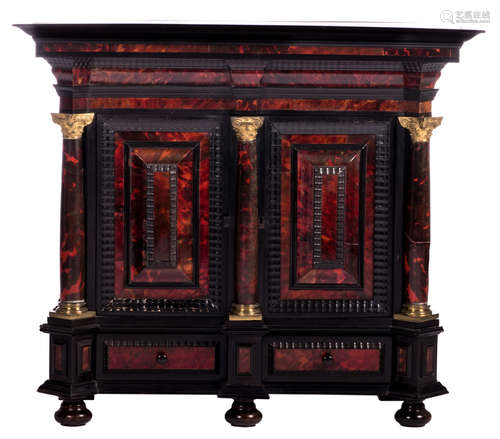 An artisan crafted miniature Dutch 'kussenkast', tortoiseshell, ebony and rosewood veneered oak, bronze mounts, 19thC, H 69,6 - W 79,2 - D 38 cm