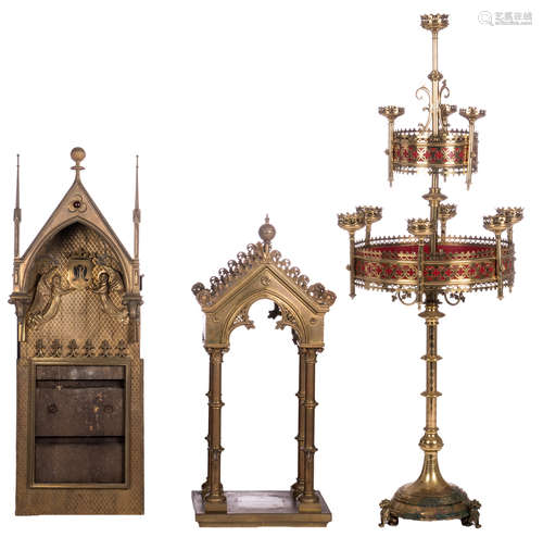 Two brass Gothic Revival niches; added a ditto church candelabra, H 123 - 143 cm