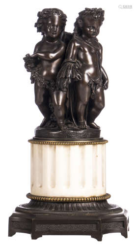 A bronze group of figures with an allegorical representation of the four seasons, mounted on a Neoclassical marble and bronze base, H 30 cm