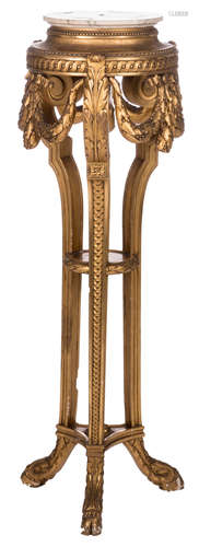 A Neoclassical carved and gilt wooden tripod stand, with a white marble top, late 19thC, H 115 cm