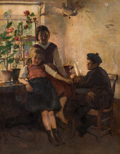 Boudry A., youngsters in a sunlit interior, oil on canvas, 127 x 162 cm