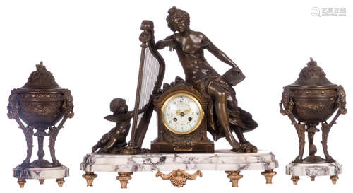 A three-part Neoclassical garniture, on top of the mantle clock an allegory on music, patinated zamac on a Jura marble base, the mechanism marked 'Japy Frères', the dial marked 'R. Bo ... ? - Livarot', H 34 - 38 cm