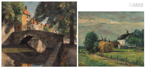 Mechelaere L., an animated rural view, oil on canvas, 43 x 51 cm; added by the same author, a view on Bruges, oil on canvas, 67 x 75 cm