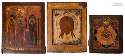 Three Eastern European icons, 19thC, 23 x 26,5 - 28,5 x 35 - 31 x 35,5 cm